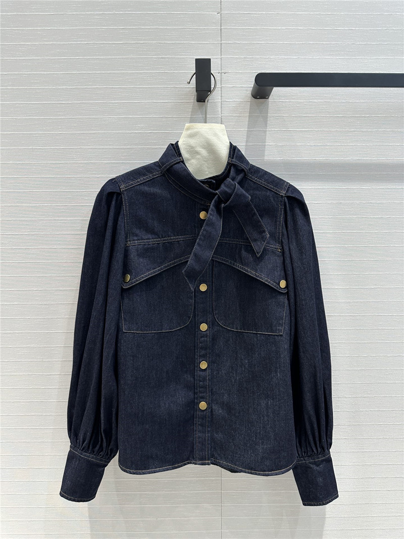 Zimm gold button tie stand collar denim shirt replica d&g clothing
