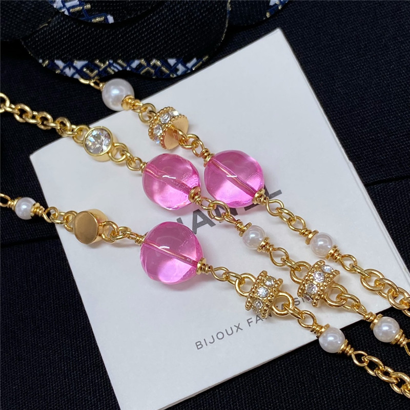 Ch**el pink crystal glass double c pearl long necklace