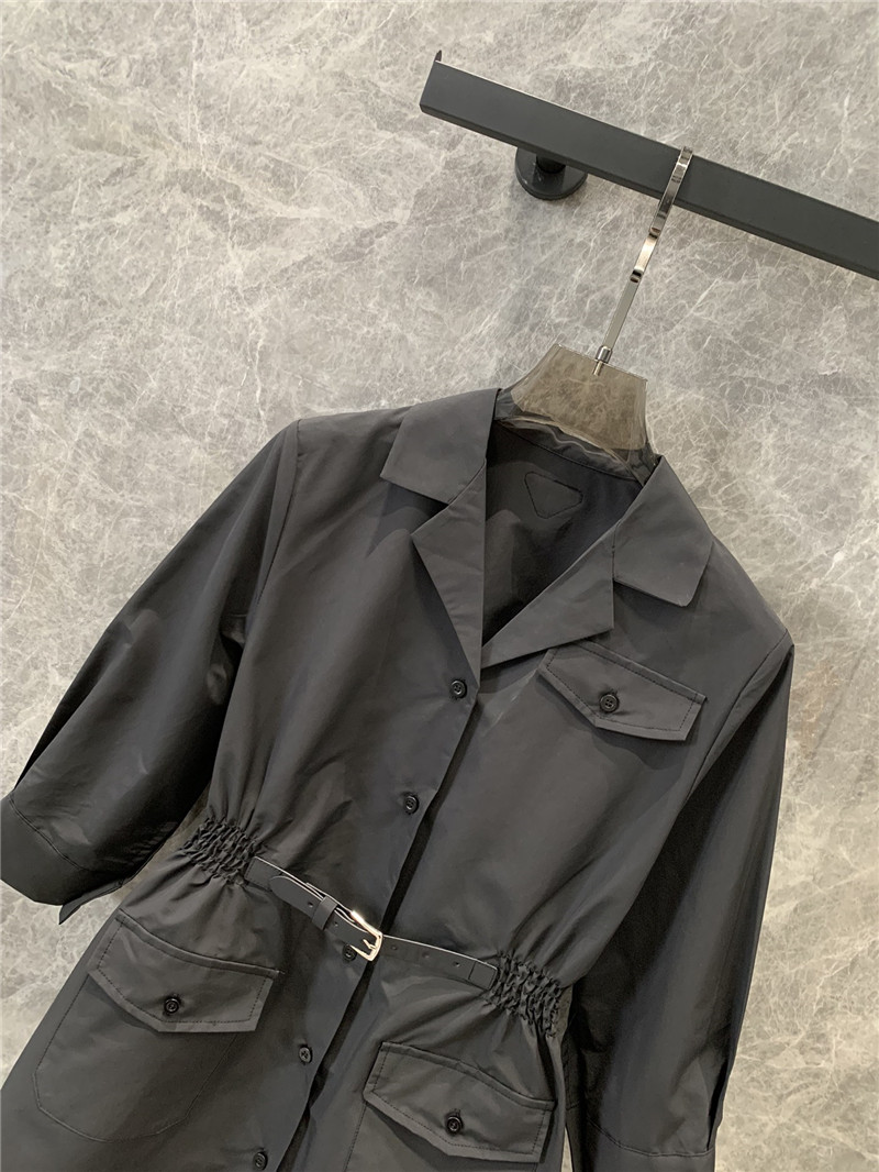Pra*a lapel belt buckle waist sleeve shirt dress replicas clothes