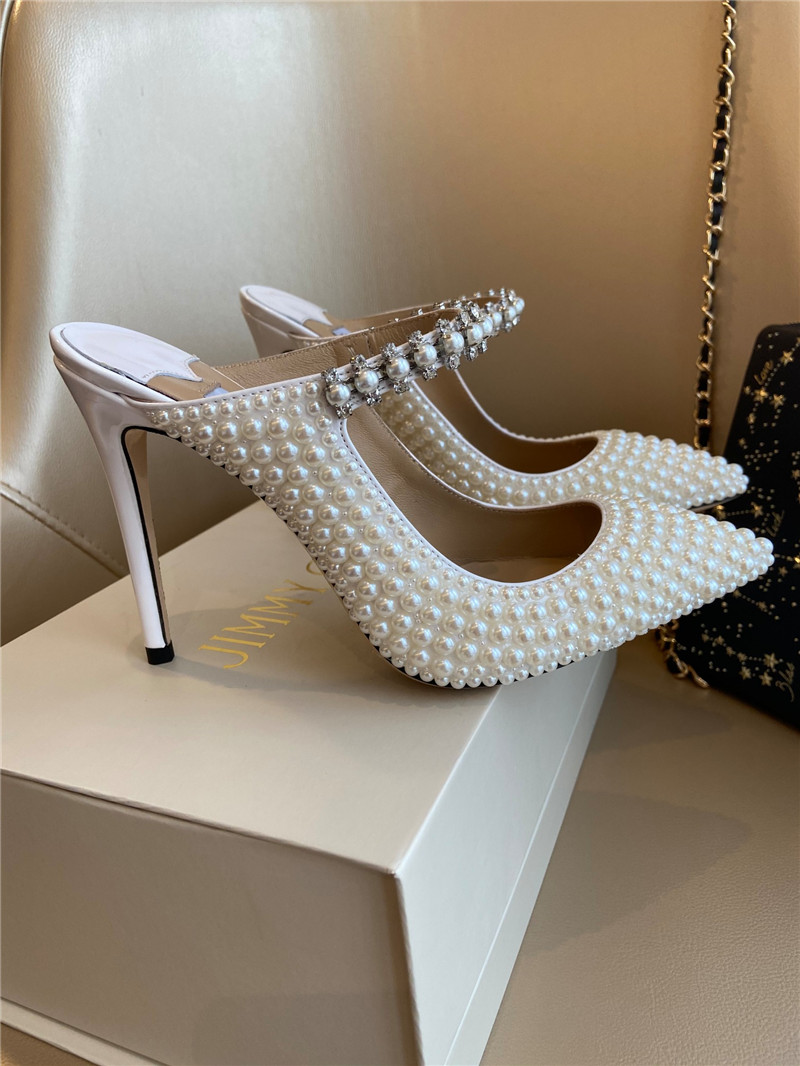 J1m*y Ch00 bing 100 white patent mules with all-over pearls
