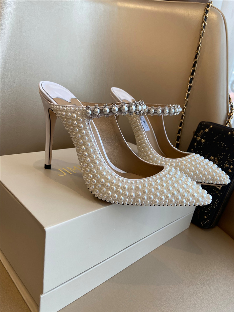 J1m*y Ch00 bing 100 white patent mules with all-over pearls