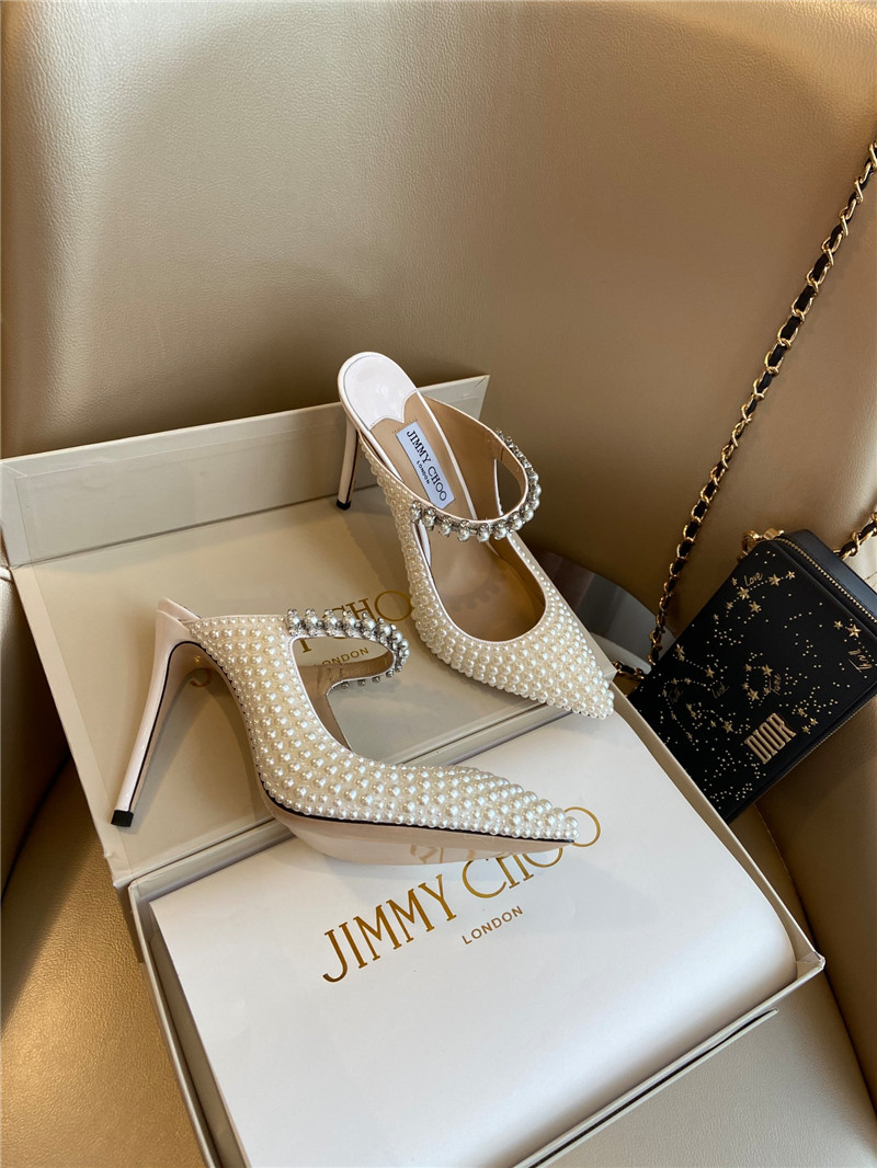 J1m*y Ch00 bing 100 white patent mules with all-over pearls