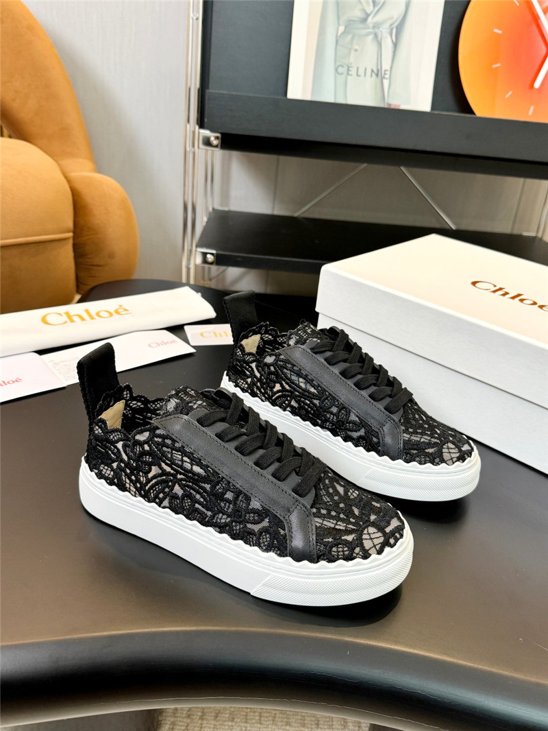 Chloé Lauren Sneaker in Black Lace & Leather