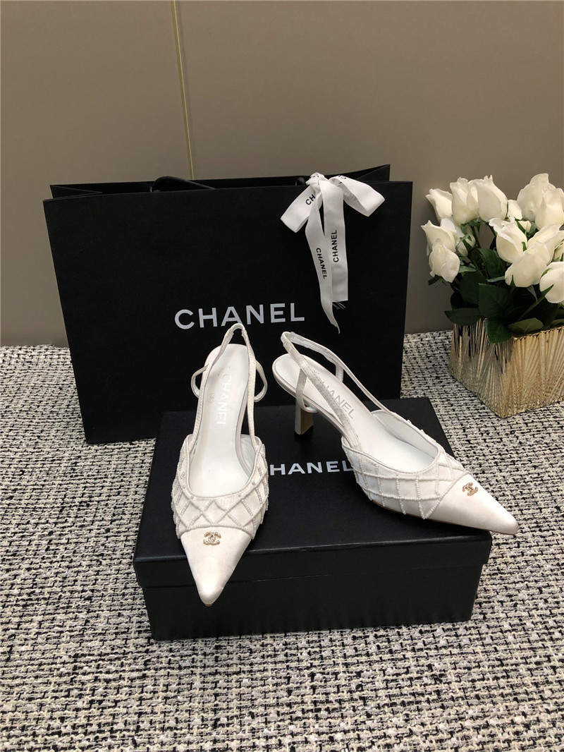 Ch**el white satin beaded slingback pumps