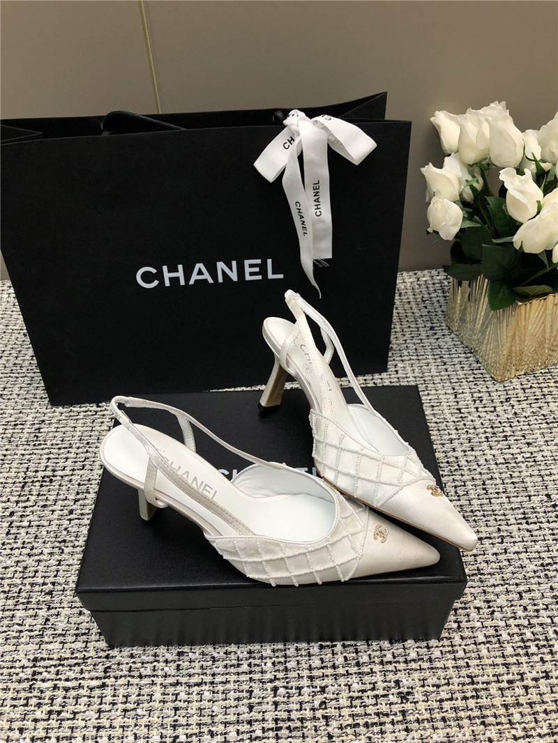 Ch**el white satin beaded slingback pumps