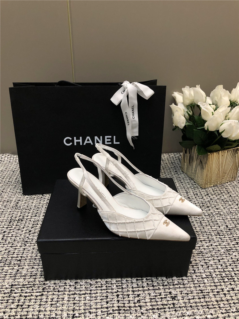 Ch**el white satin beaded slingback pumps