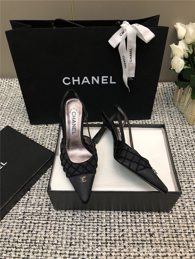 Ch**el black satin beaded slingback pumps