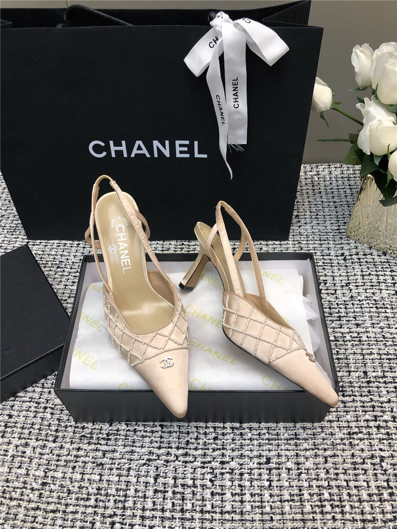Ch**el beige satin beaded slingback pumps