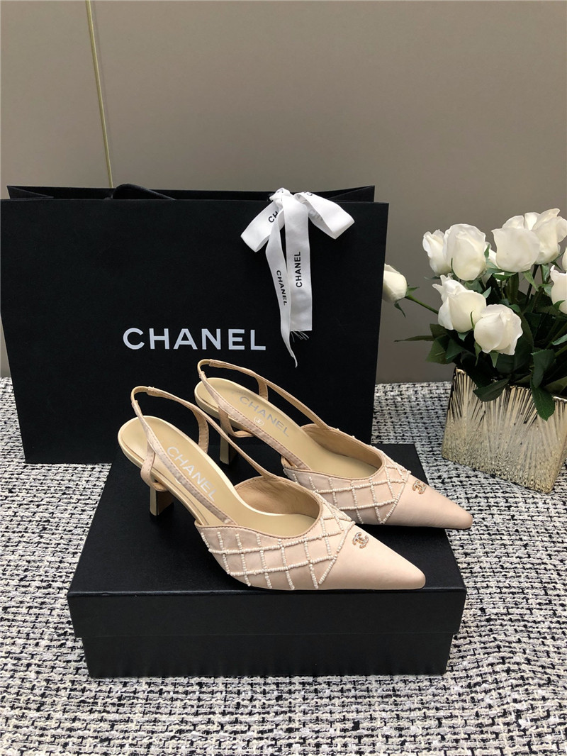 Ch**el beige satin beaded slingback pumps
