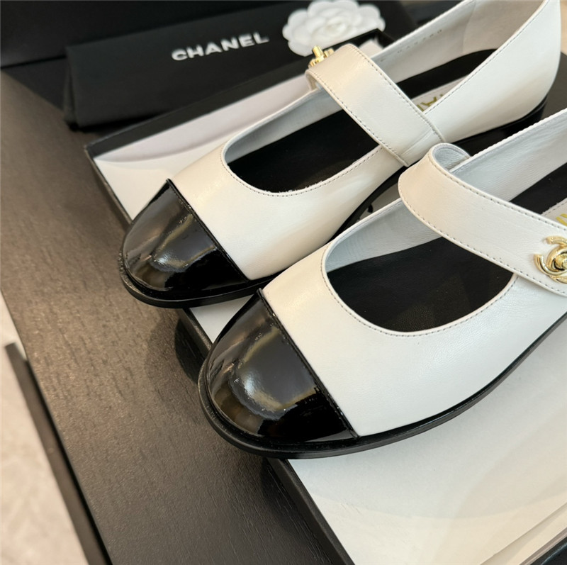 Ch**el gold interlock mary janes in white and black calfskin