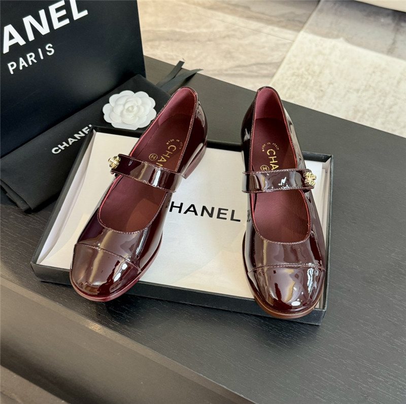 Ch**el gold interlock mary janes in burgundy patent calfskin