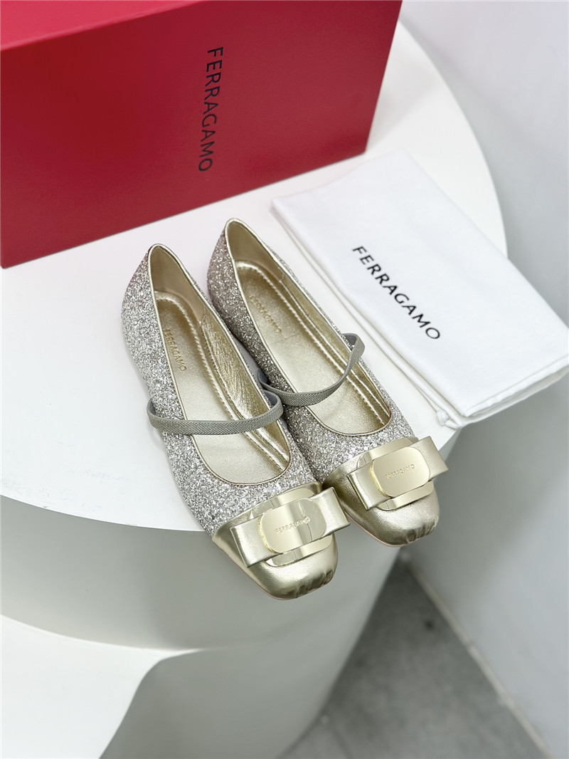 Ferragamo New Vara Plate Ballet Flat Silver Silk and Glitters