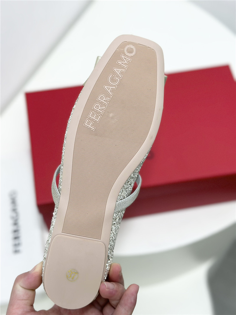 Ferragamo New Vara Plate Ballet Flat Silver Silk and Glitters