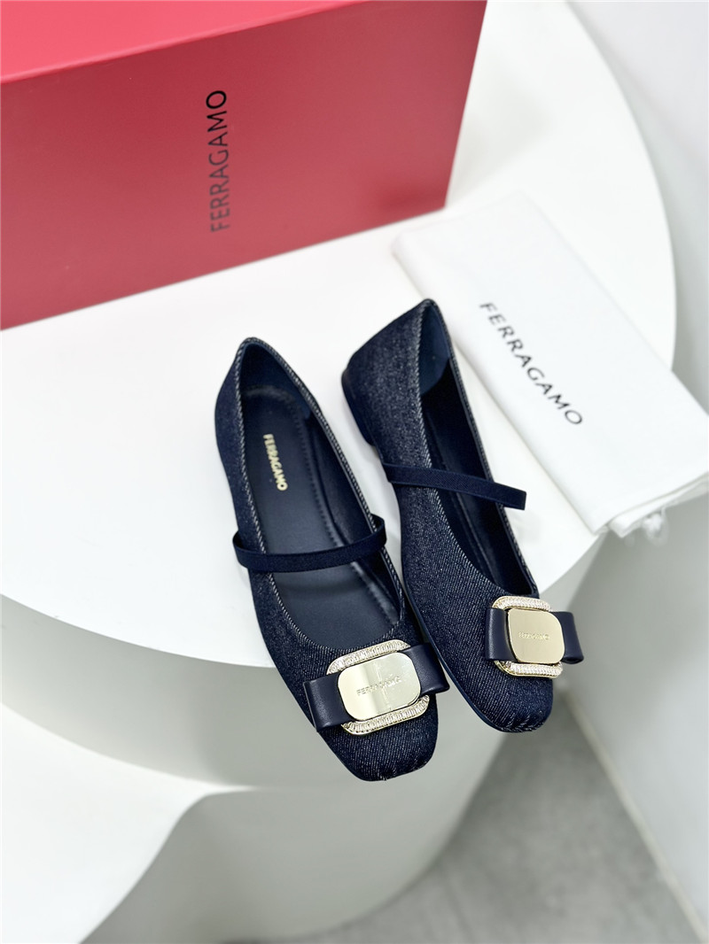 Ferragamo New Vara Plate Ballet Flat Navy Blue Fabric