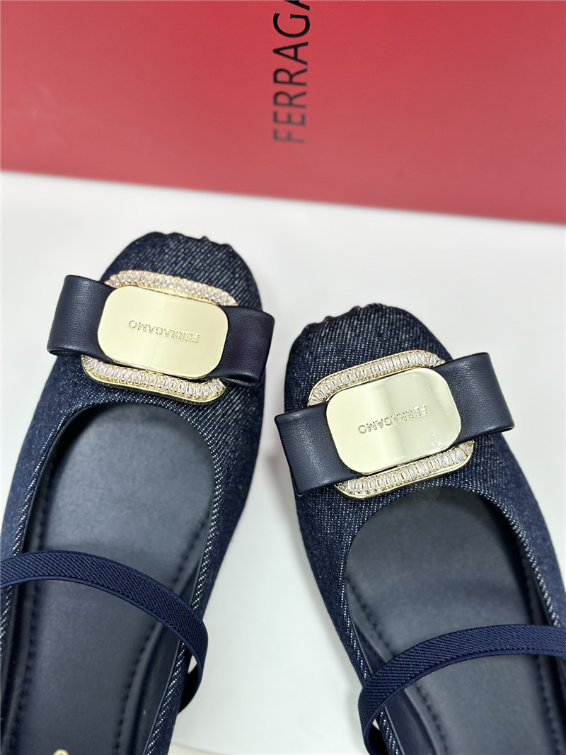 Ferragamo New Vara Plate Ballet Flat Navy Blue Fabric