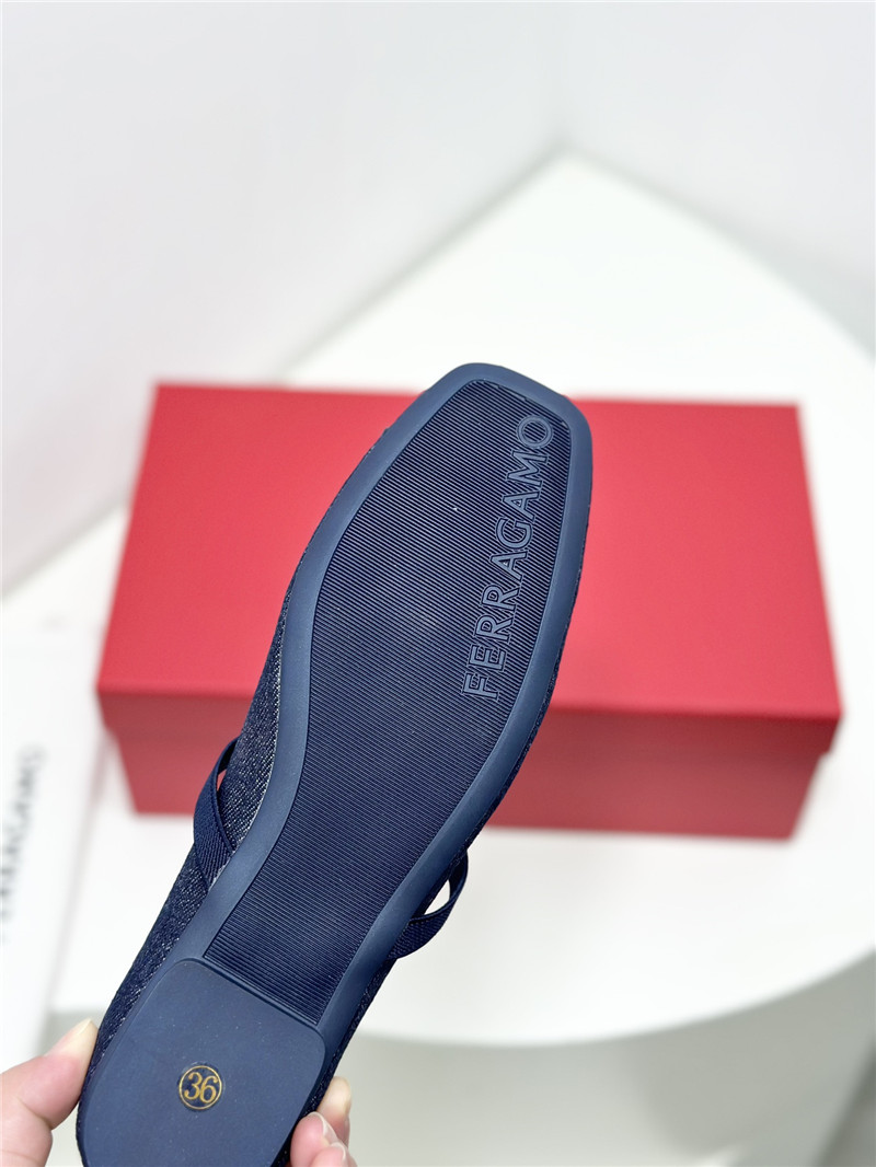 Ferragamo New Vara Plate Ballet Flat Navy Blue Fabric