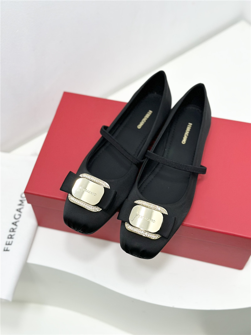 Ferragamo New Vara Plate Ballet Flat Black Silk