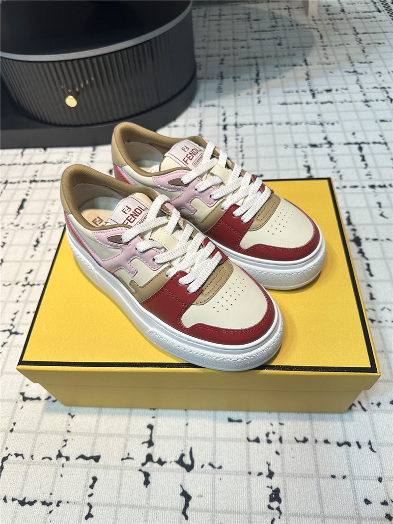 F**di match leather lace-up low top sneakers red brown