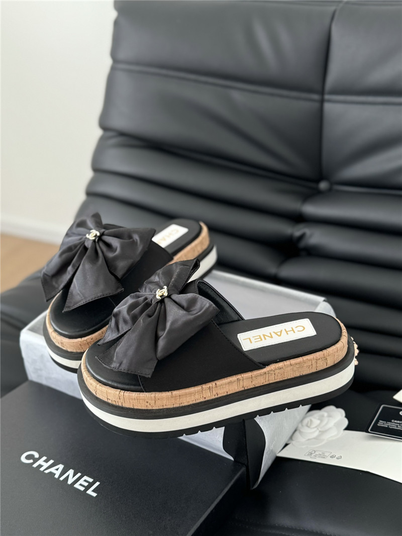 Ch**el silk bow leather platform sandals with crystal Ch**el black
