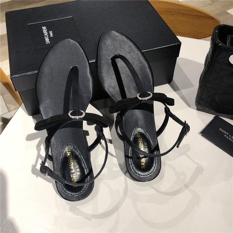 Sa1nt Lau*nt black suede t-strap flip flop flat sandals