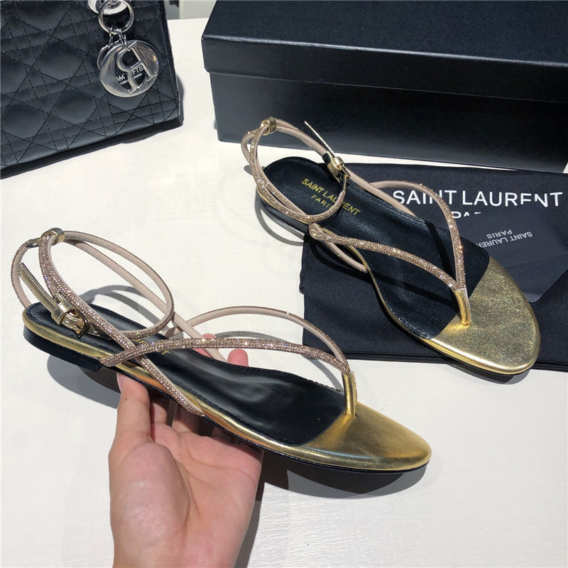 Sa1nt Lau*nt nadja gold rhinestone flat sandals