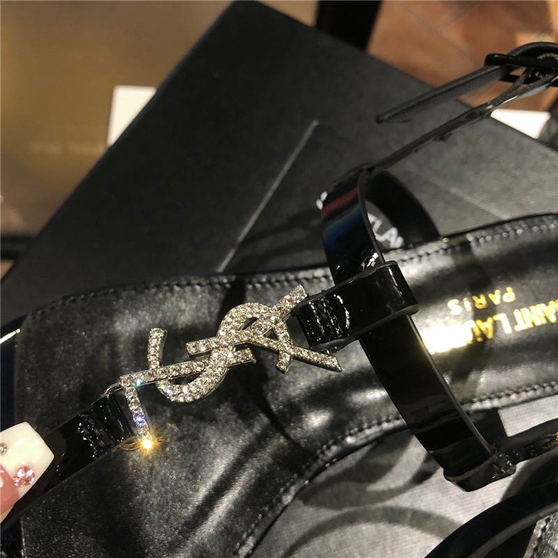 Sa1nt Lau*nt cassandra black patent crystal metal sandals