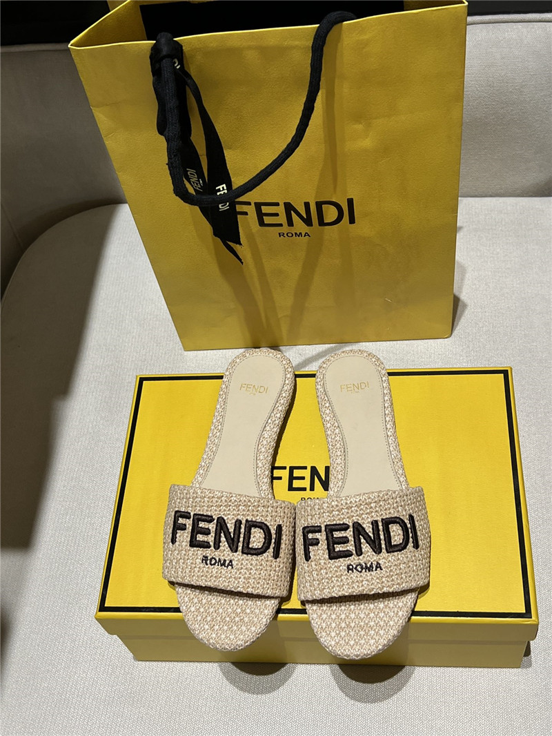 F**di signature fabric beige cotton fiber slides