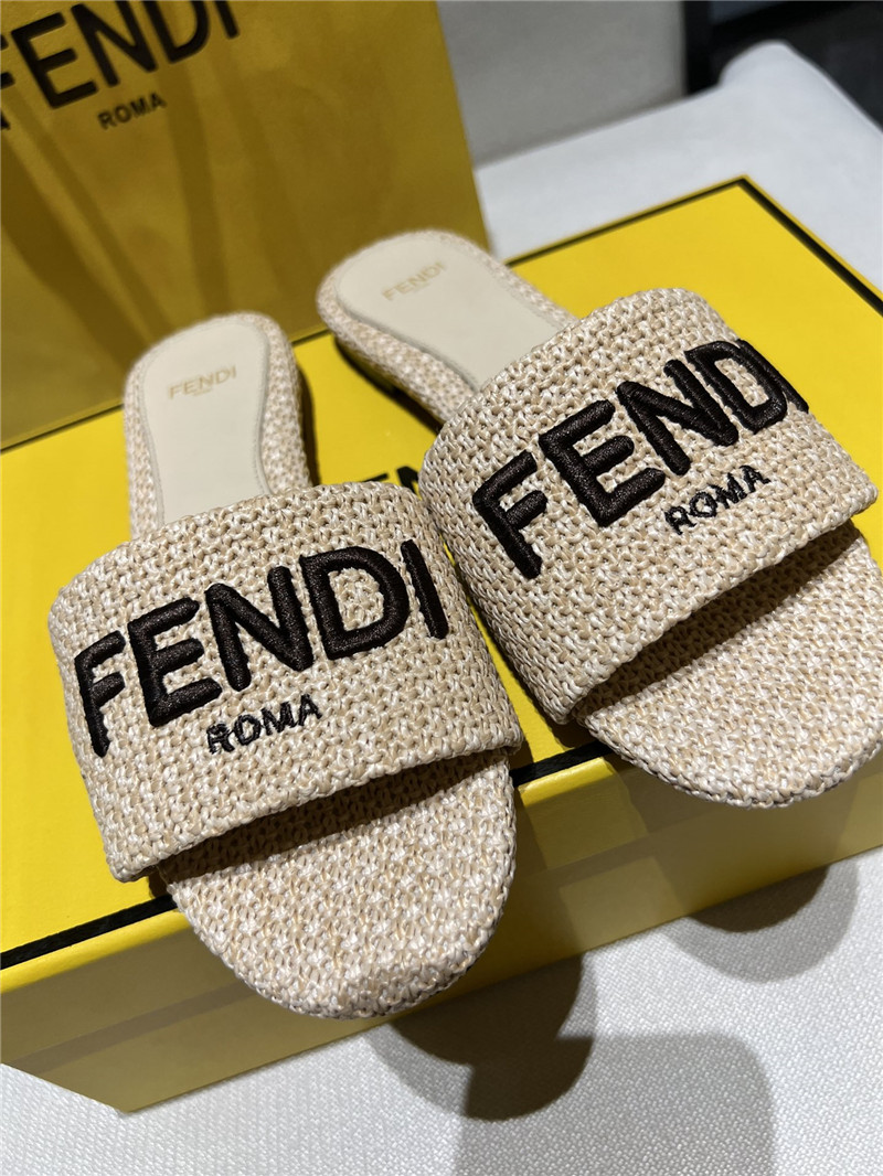 F**di signature fabric beige cotton fiber slides