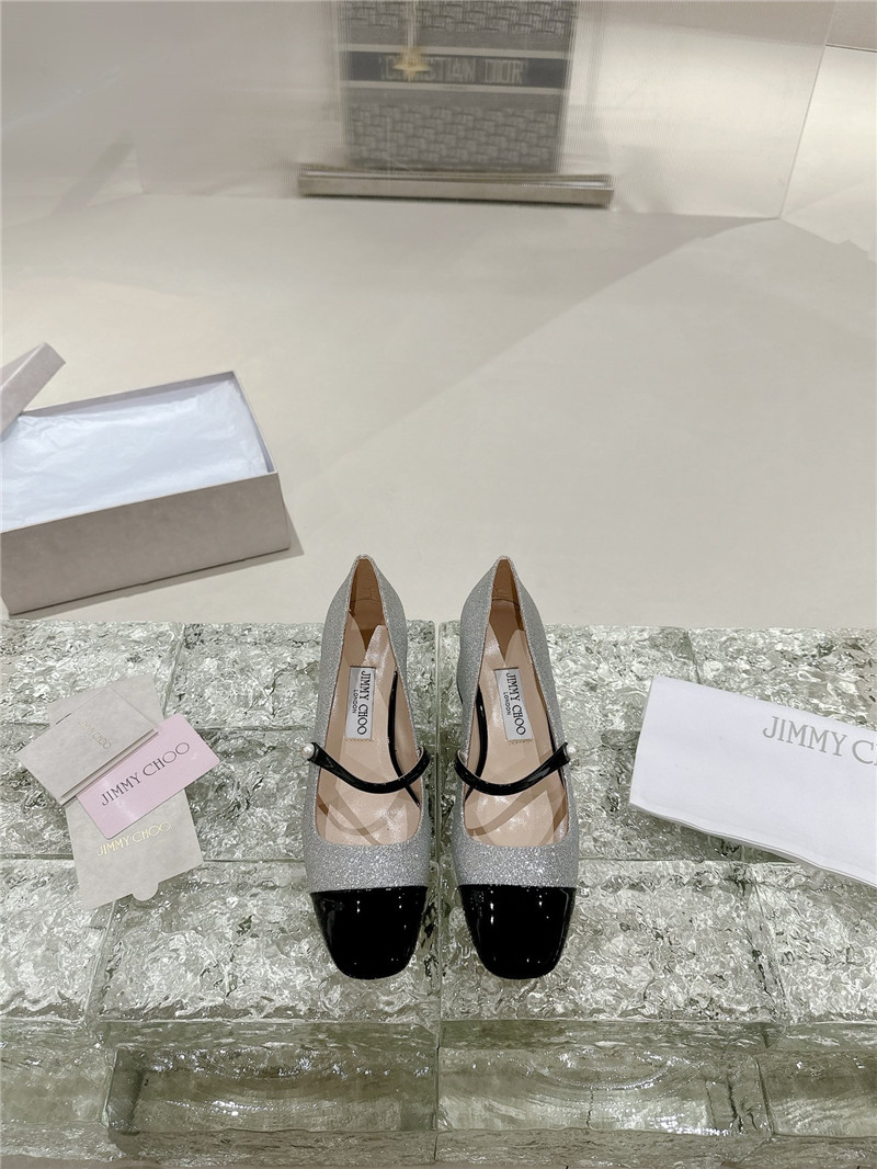 J1m*y Ch00 elisa 45 silver glitter and black patent pumps