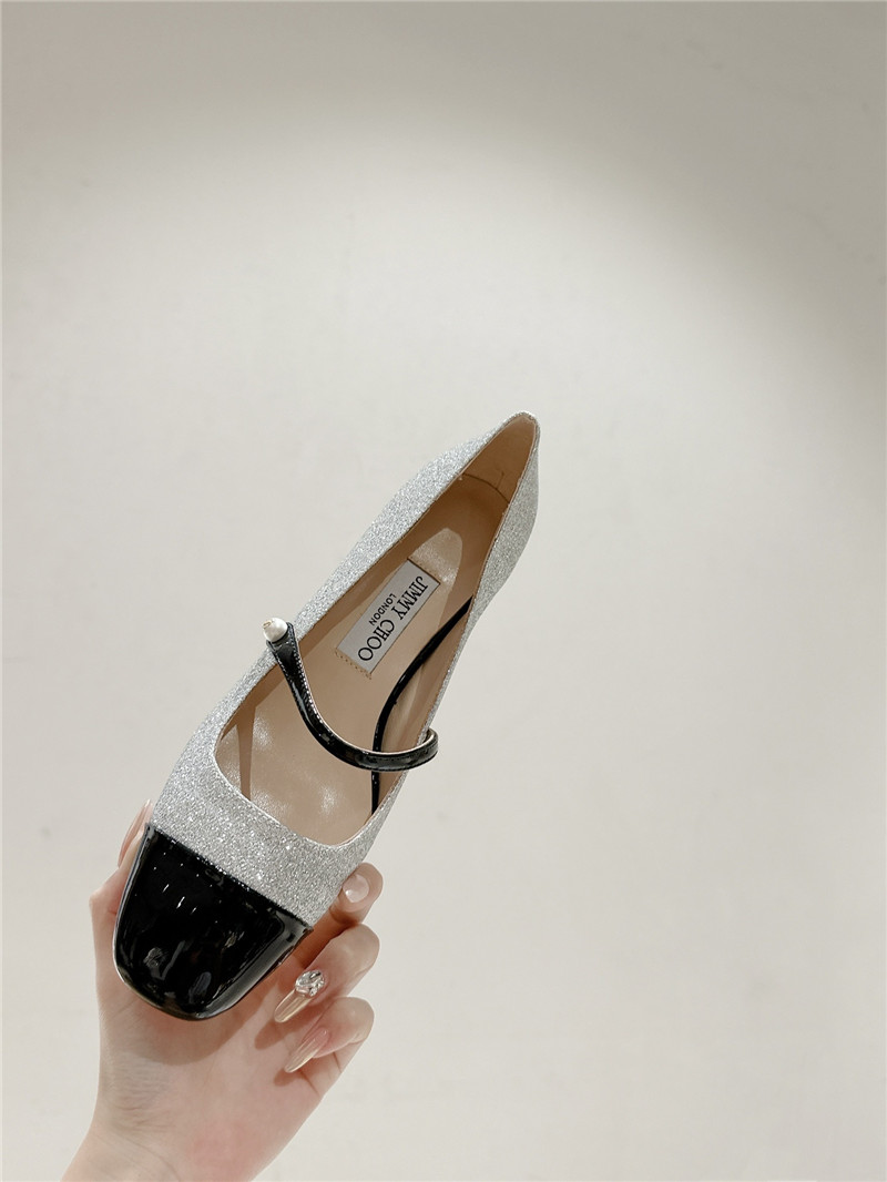 J1m*y Ch00 elisa 45 silver glitter and black patent pumps