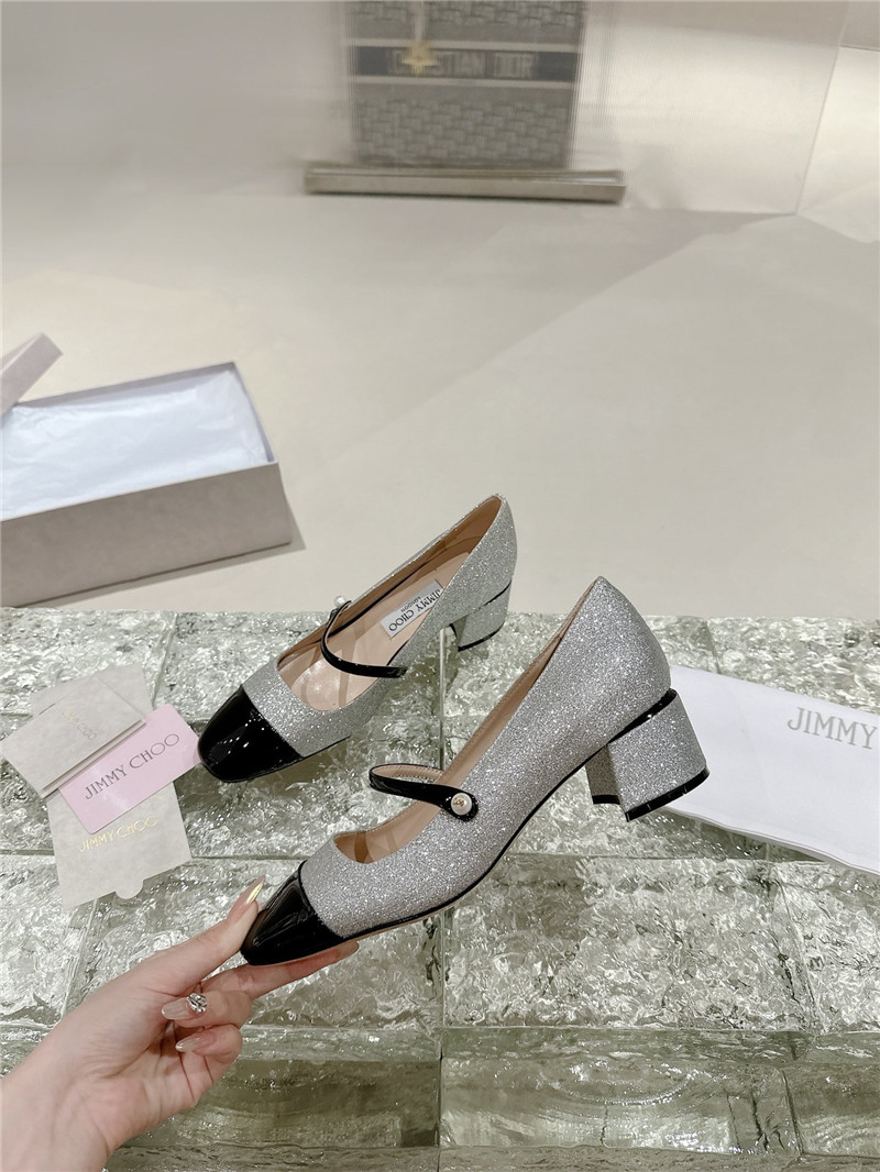 J1m*y Ch00 elisa 45 silver glitter and black patent pumps