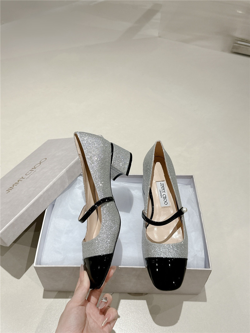 J1m*y Ch00 elisa 45 silver glitter and black patent pumps