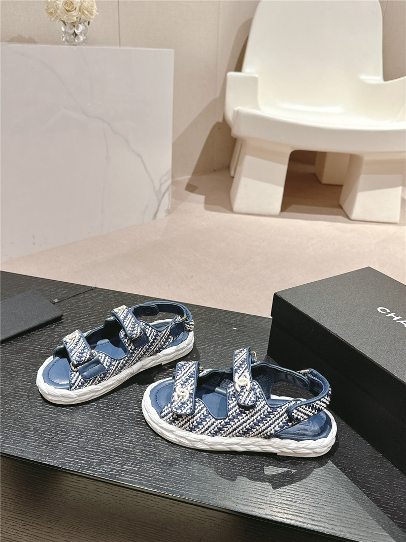 Ch**el crochet velcro straps beach sandals navy and white