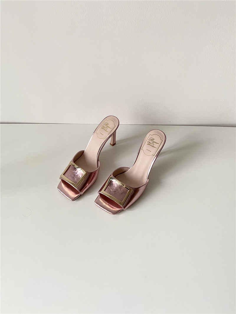 Roger Vivier Trumpet Mules in Rose Metallic Leather