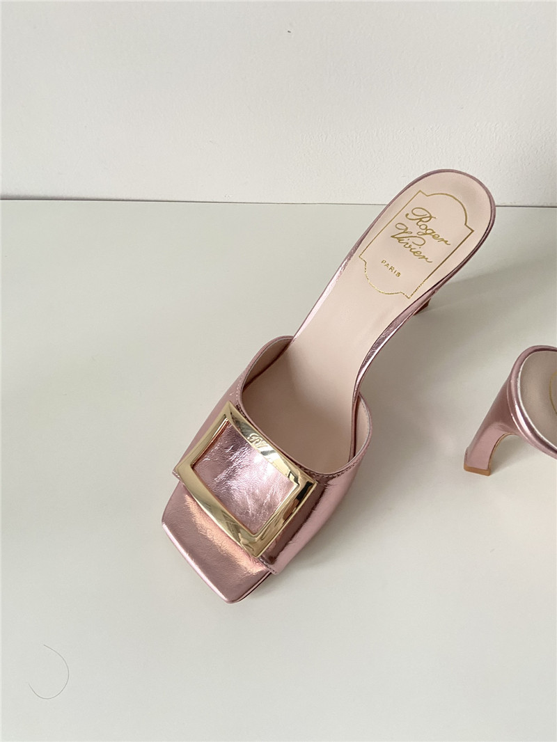 Roger Vivier Trumpet Mules in Rose Metallic Leather