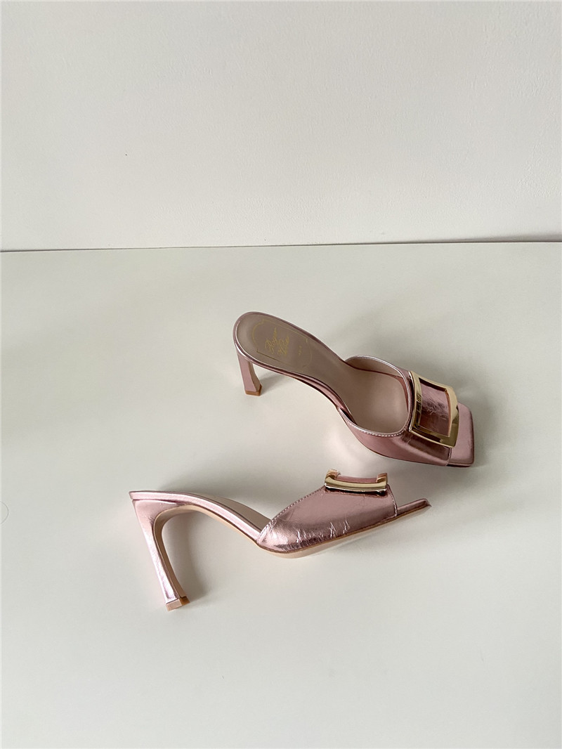 Roger Vivier Trumpet Mules in Rose Metallic Leather