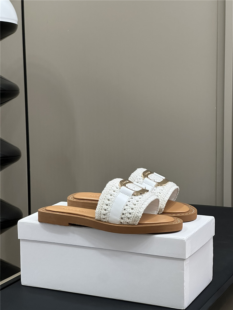 Chloé Crochet Buckle Slides in White and Beige