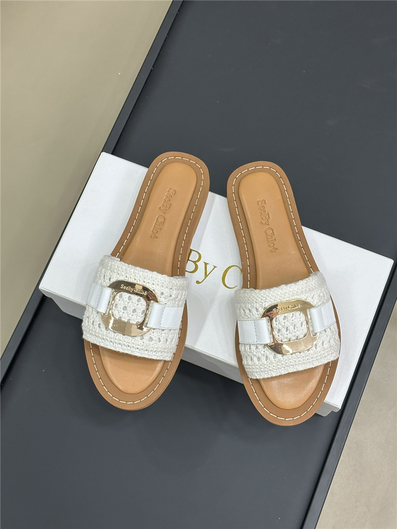 Chloé Crochet Buckle Slides in White and Beige