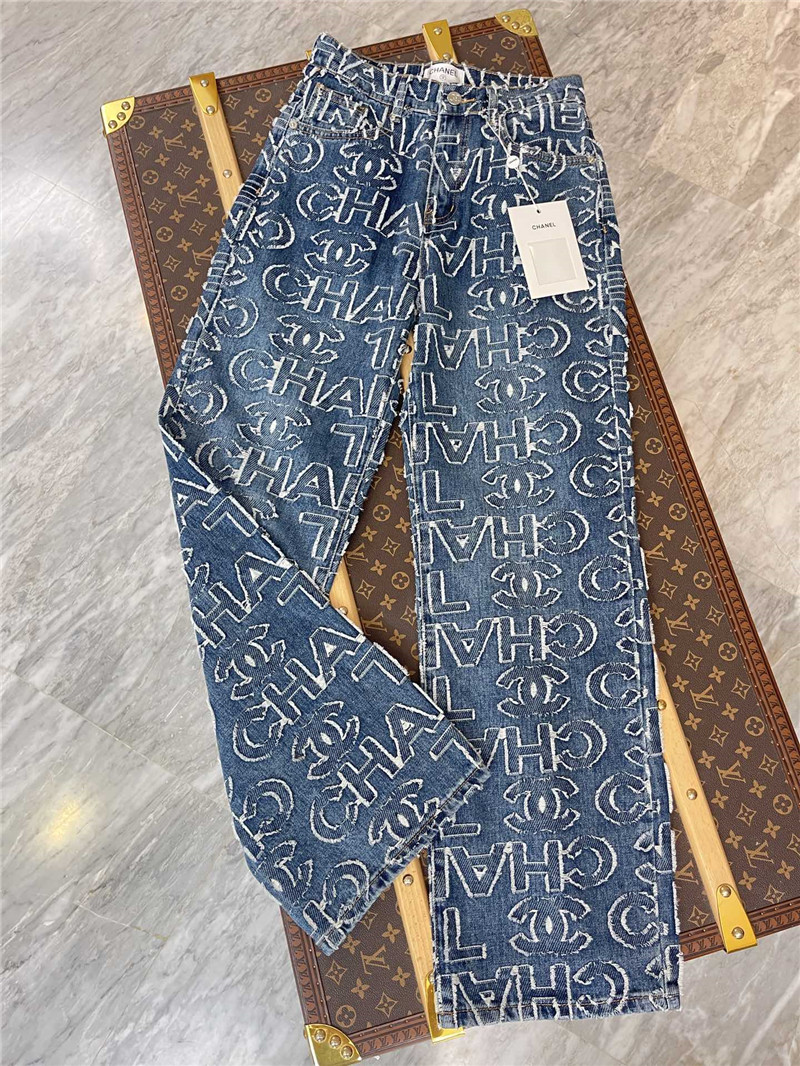 Ch**el patch lettering denim trousers replica clothing