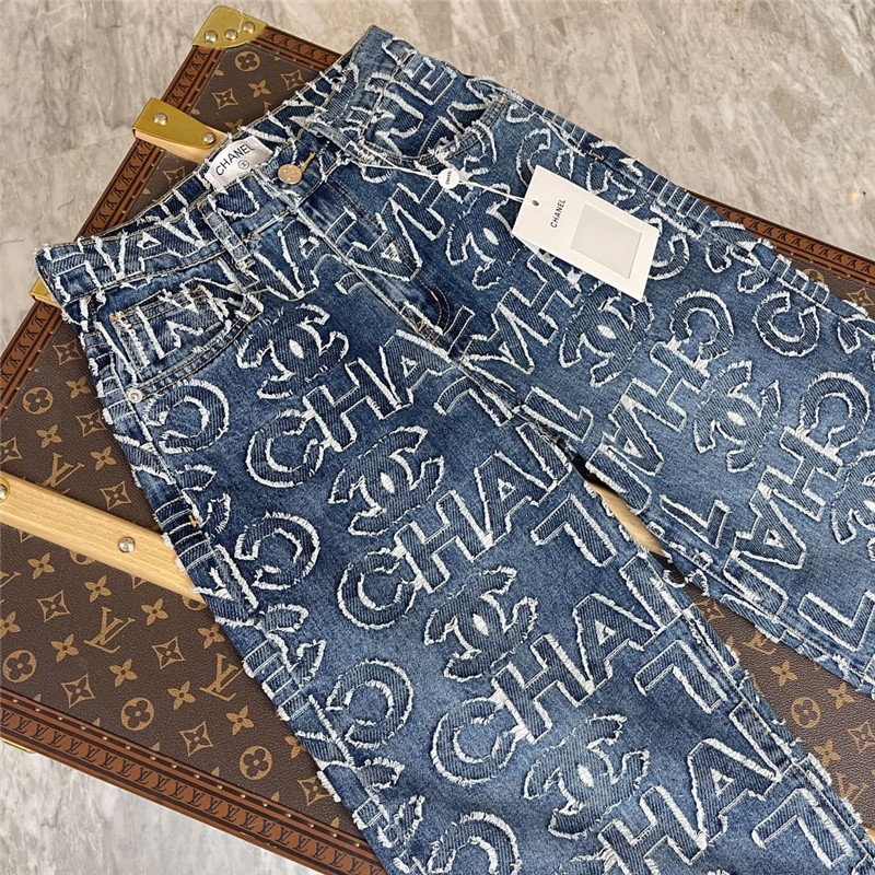 Ch**el patch lettering denim trousers replica clothing
