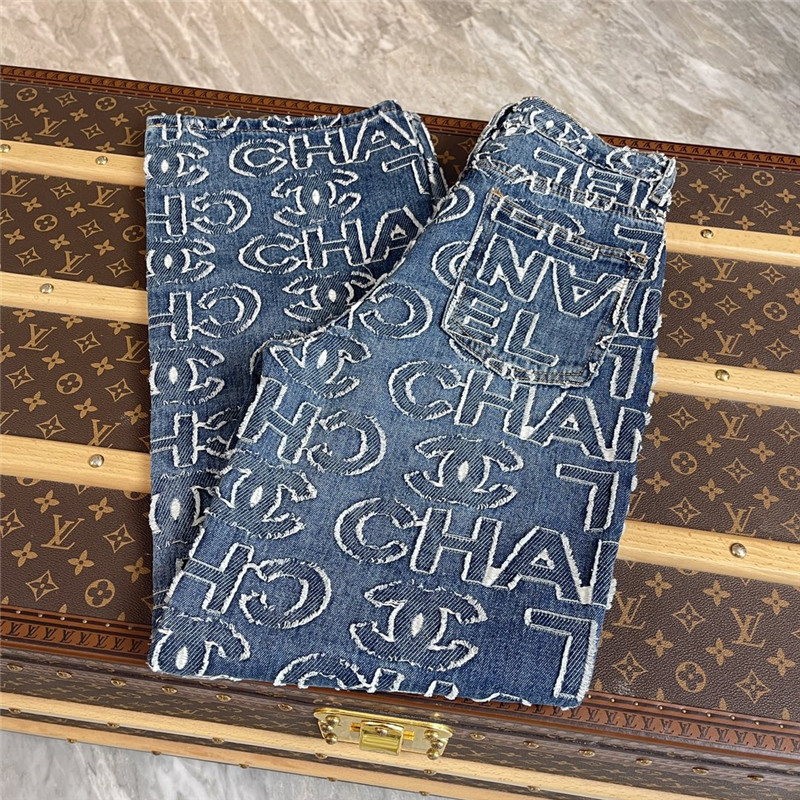 Ch**el patch lettering denim trousers replica clothing