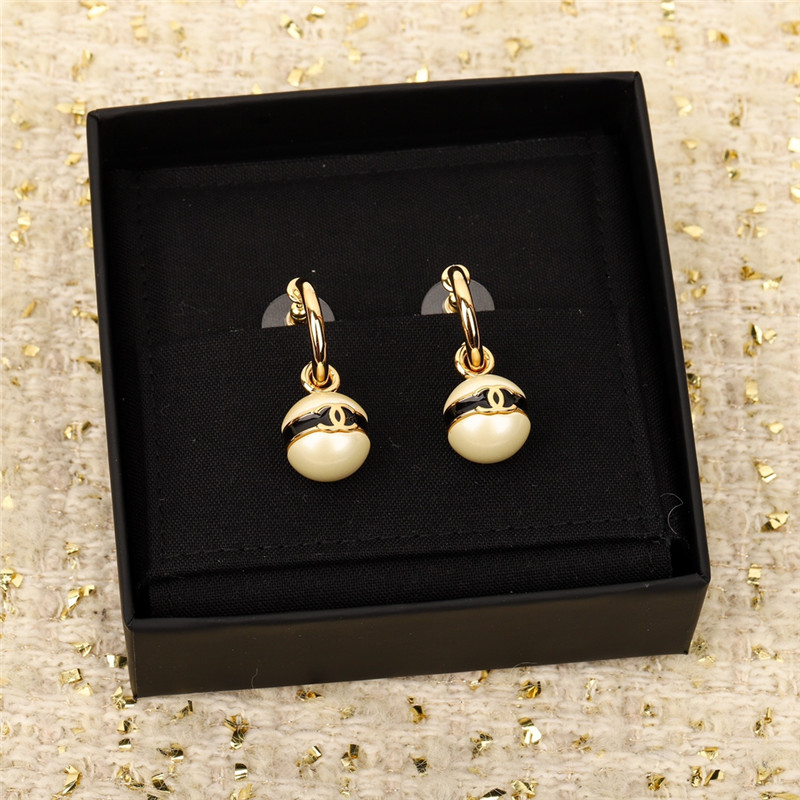 Ch**el pearl bean black enamel double c earrings
