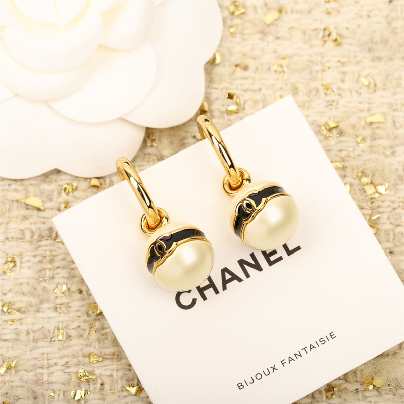 Ch**el pearl bean black enamel double c earrings