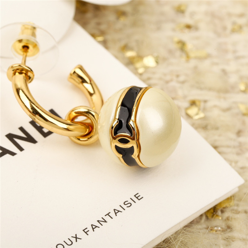 Ch**el pearl bean black enamel double c earrings