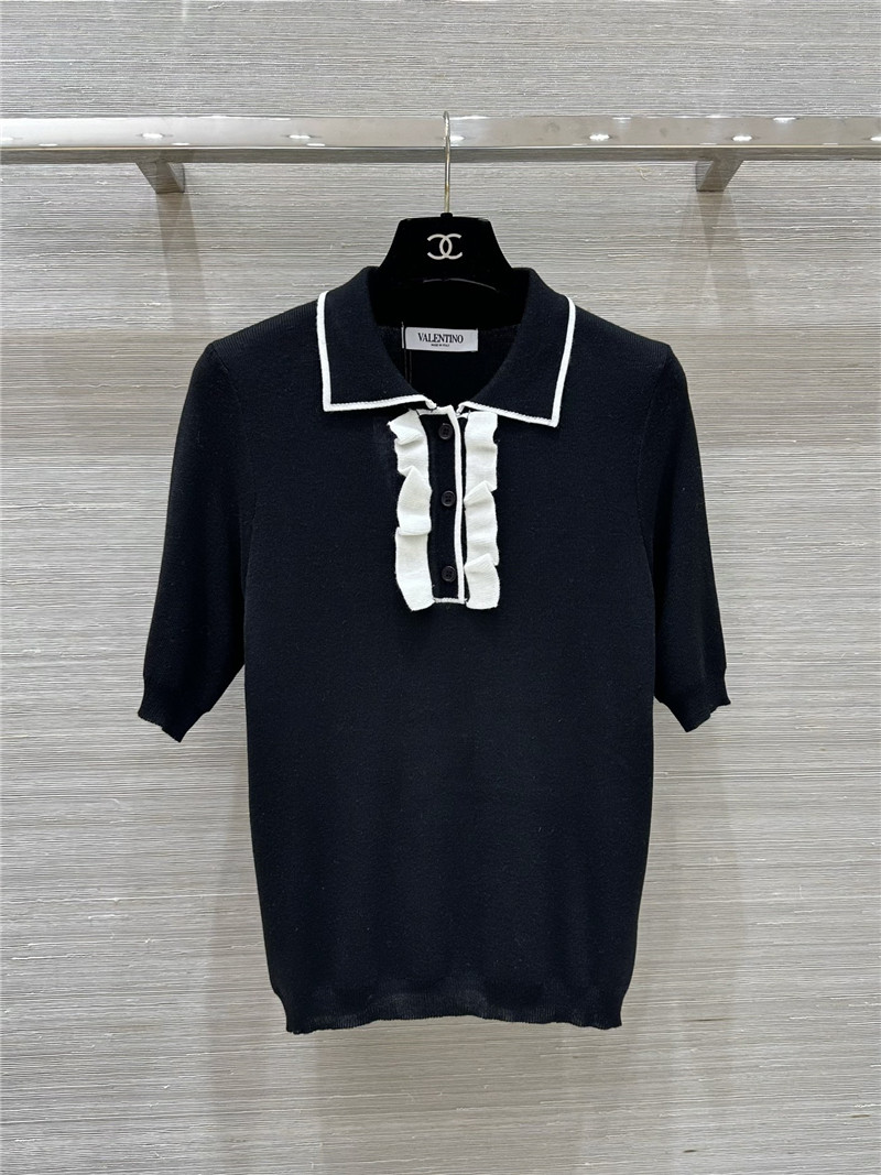 Va1e*ntin0 lapel ruffle knit short-sleeved top replica clothes
