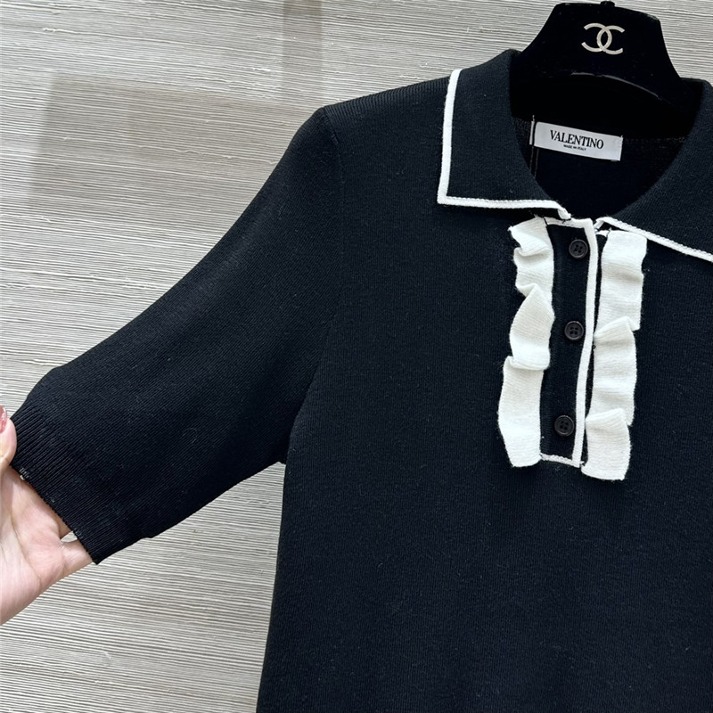 Va1e*ntin0 lapel ruffle knit short-sleeved top replica clothes