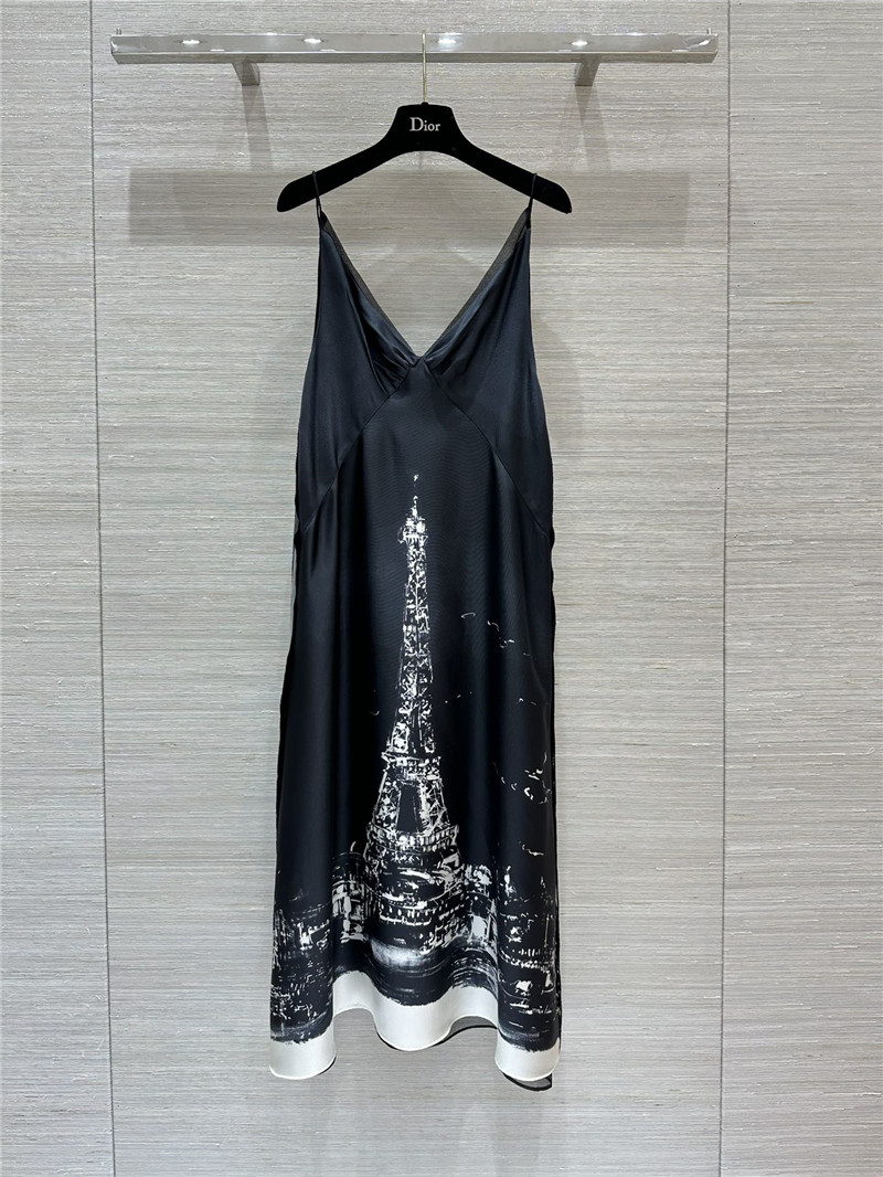D10r eiffel tower print silk suspender dress replica clothing