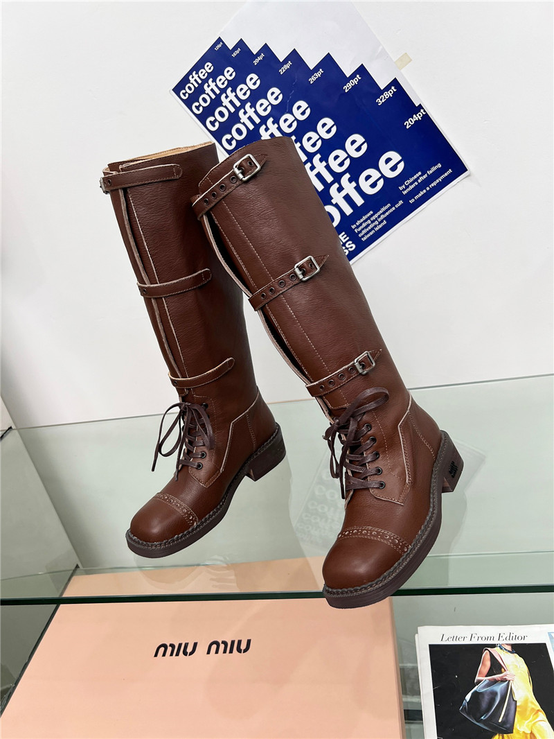 Miu Miu Brown Leather Buckle Up Moto Boots