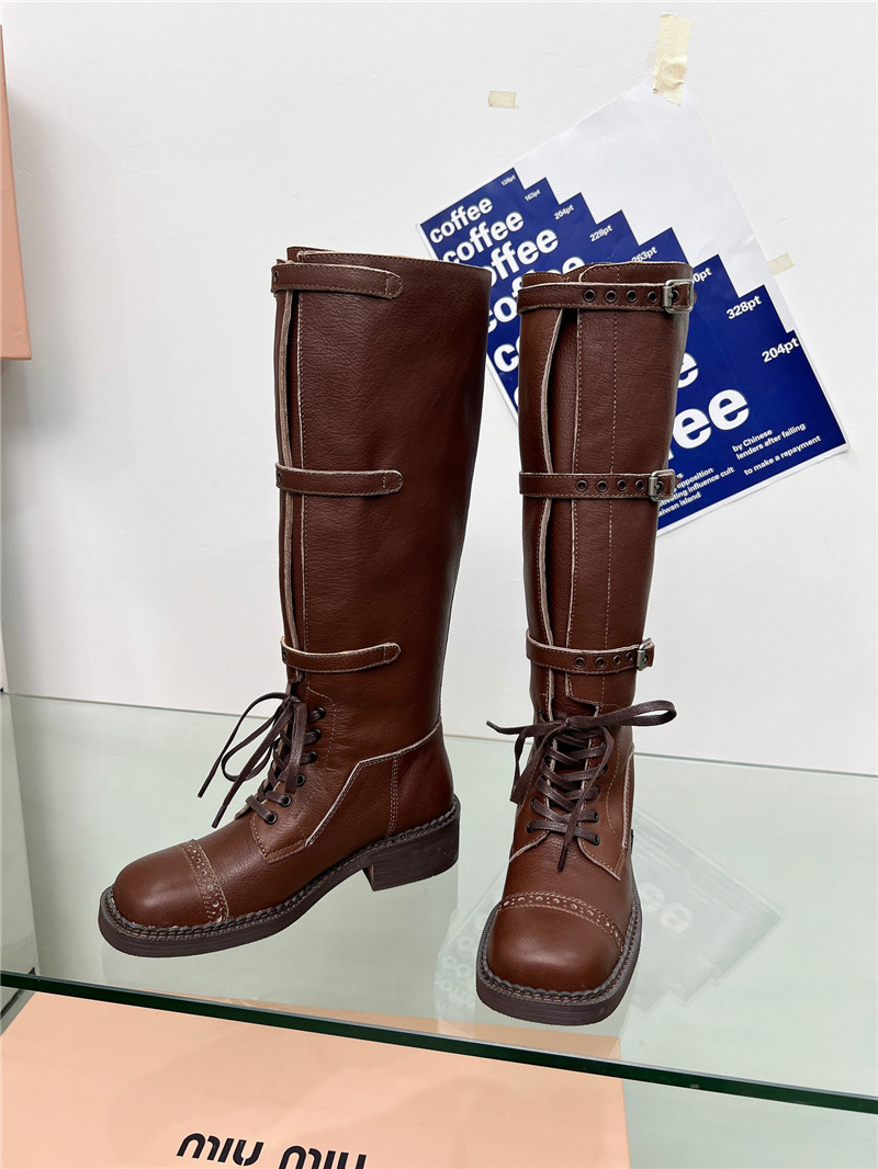 Miu Miu Brown Leather Buckle Up Moto Boots