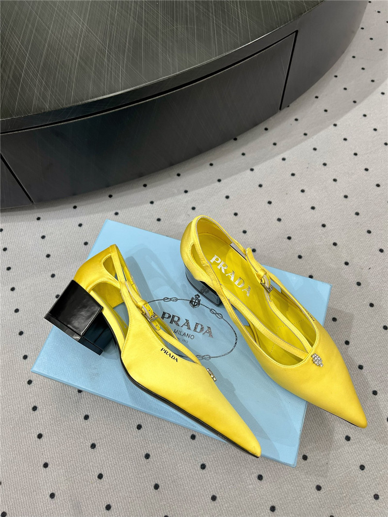 Pra*a yellow satin cut-out pumps in silk viscose